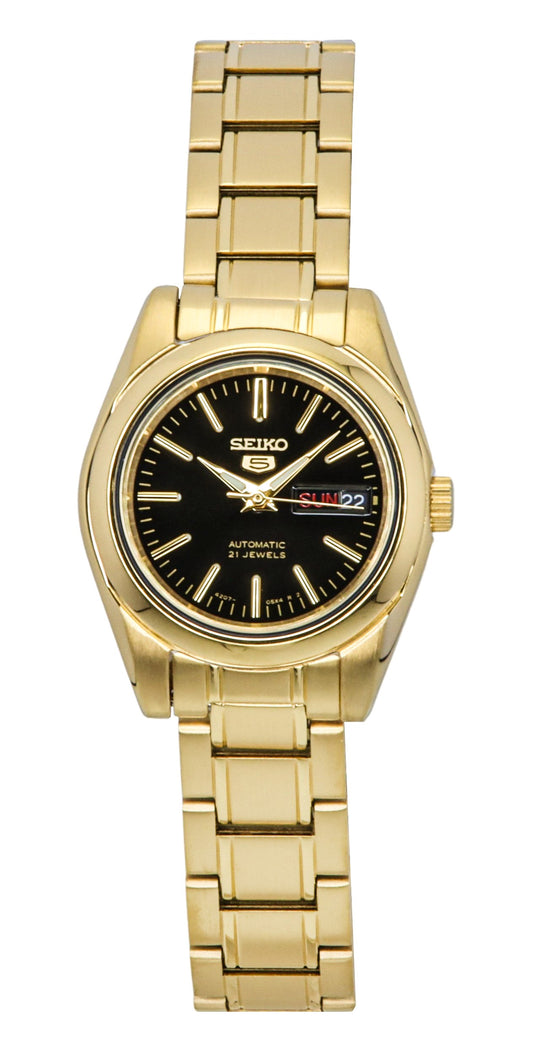 Seiko 5 Gold Tone Stainless Steel Black Dial 21 Jewels Automatic SYMK22K1 Women's Watch