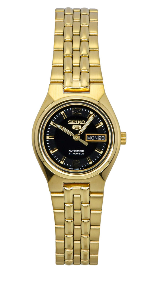 Seiko 5 Gold Tone Stainless Steel Black Dial Automatic SYMK38K1 Women's Watch