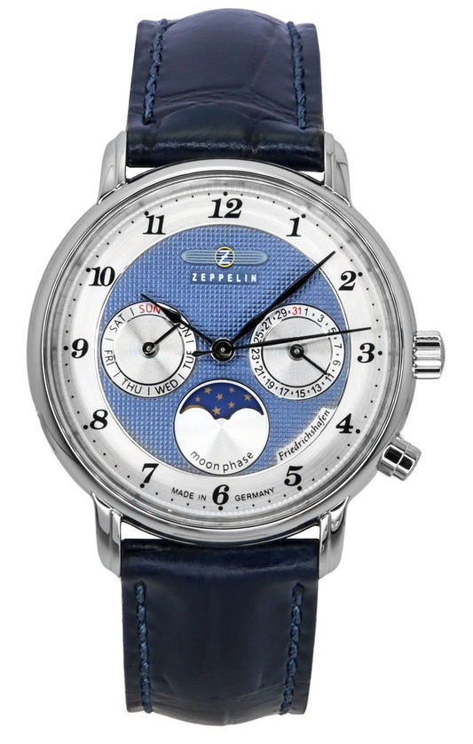 Zeppelin Friedrichshafen Moon Phase Leather Strap Blue Dial Quartz 85373 Women's Watch