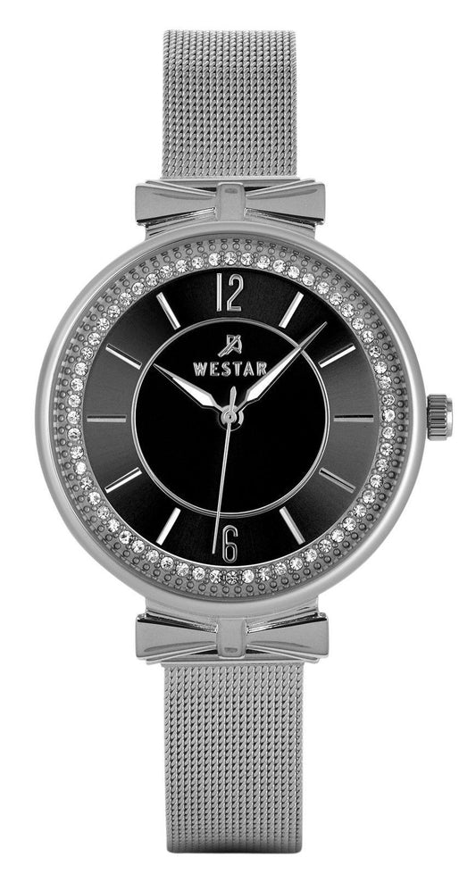 Westar Zing Crystal Accents Stainless Steel Mesh Bracelet Black Dial Quartz 00130STN103 Women's Watch