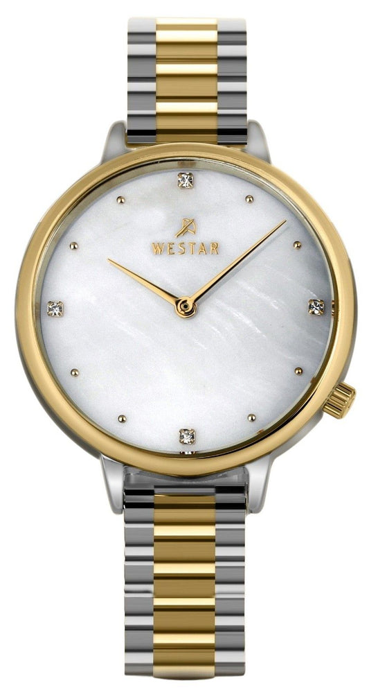 Westar Zing Crystal Accents Two Tone Stainless Steel White Mother Of Pearl Dial Quartz 00135CBN111 Women's Watch