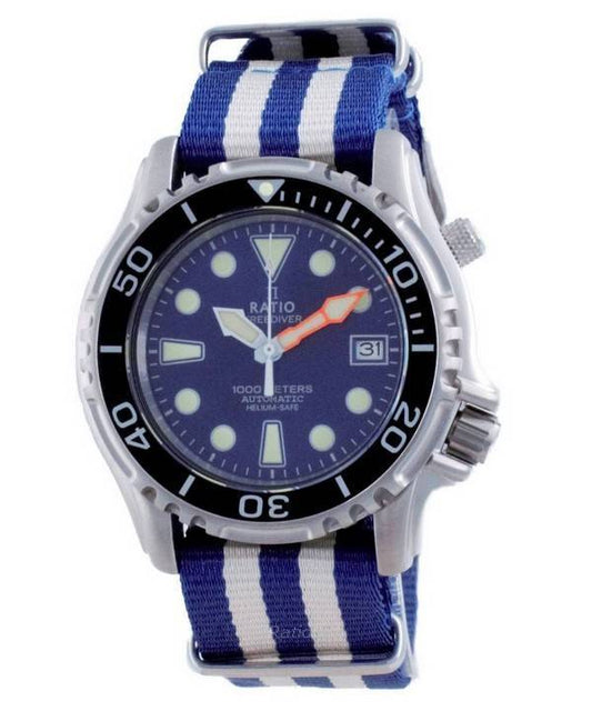 Ratio Free Diver Helium Safe Nylon Automatic Diver's 1066KE20-33VA-BLU-var-NATO2 1000M Men's Watch