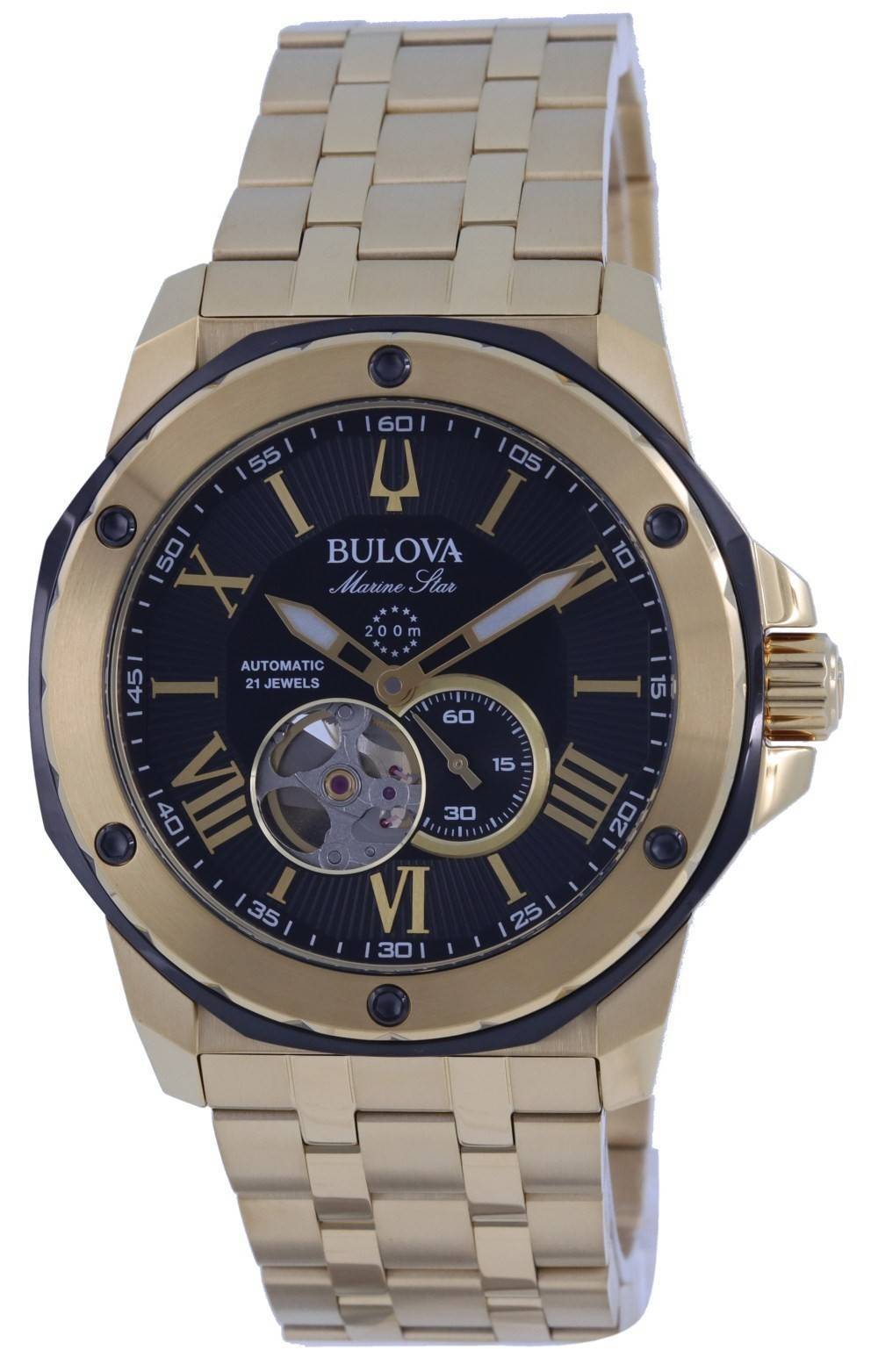 Bulova Marine Star Open Heart Black Dial Automatic Diver's 98A273 200M Men's Watch