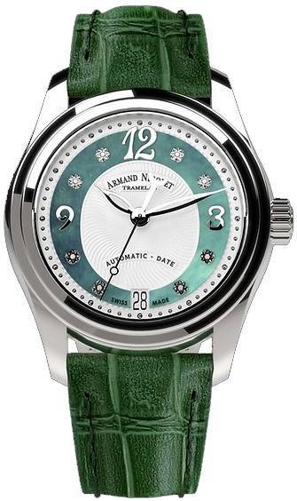 Armand Nicolet Tramelan M03 Diamond Accents Green And White Dial Automatic A151BAA-AV-P882VR8 100M Calf Leather Strap Women's Wa