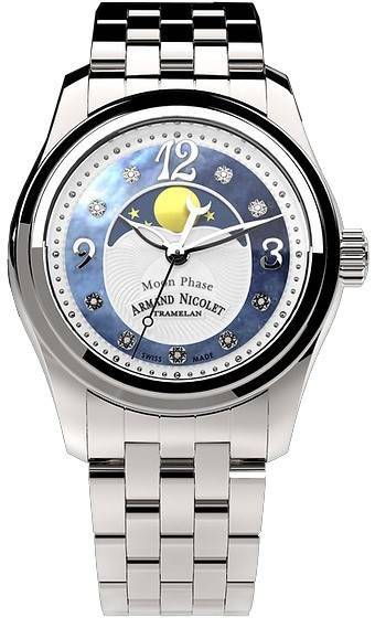 Armand Nicolet Tramelan M03 Diamond Accents Moon Phase Blue Mother Of Pearl Quartz A151QAA-AK-MA150 100M Stainless Steel Women's