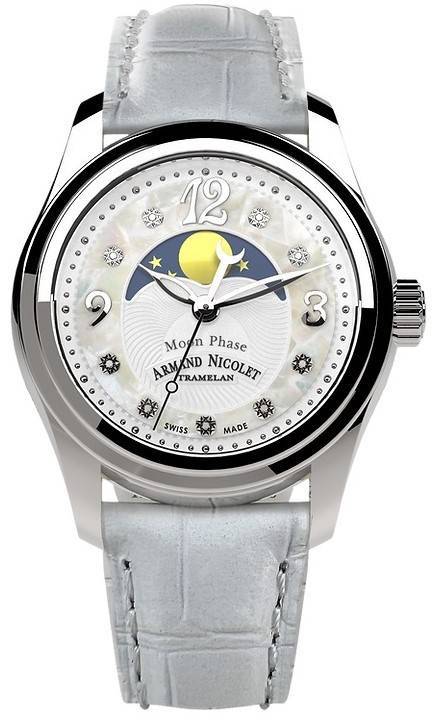 Armand Nicolet Tramelan M03 Diamond Accents Moon Phase White Mother Of Pearl Dial Quartz A151QAA-AN-P882BC8 100M Calf Leather St