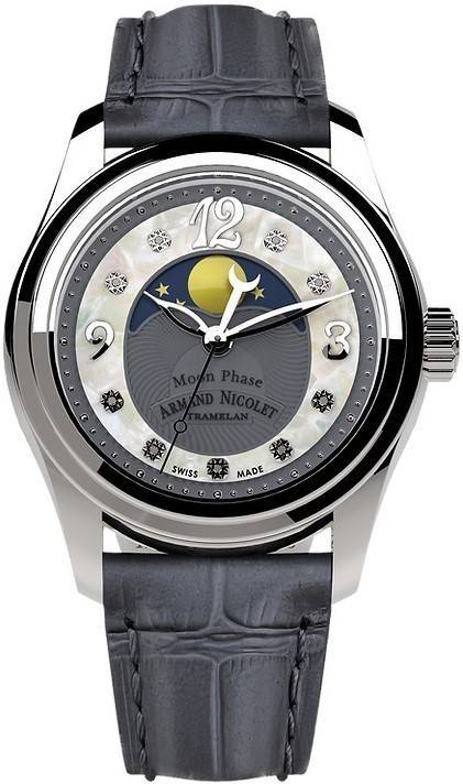 Armand Nicolet Tramelan M03 Diamond Accents Moon Phase Grey Mother Of Pearl Dial Quartz A151QAA-GN-P882GR8 100M Calf Leather Str