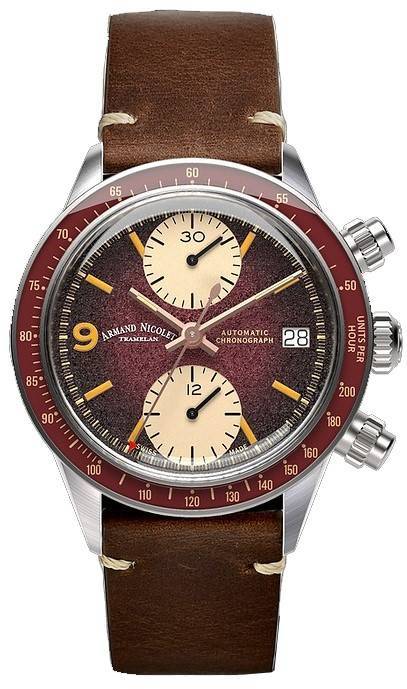 Armand Nicolet Tramelan VS1 GMT Chronograph Burgundy Dial Automatic A510AXAA-XS-BP19500MAC 100M Calf Leather Strap Men's Watch