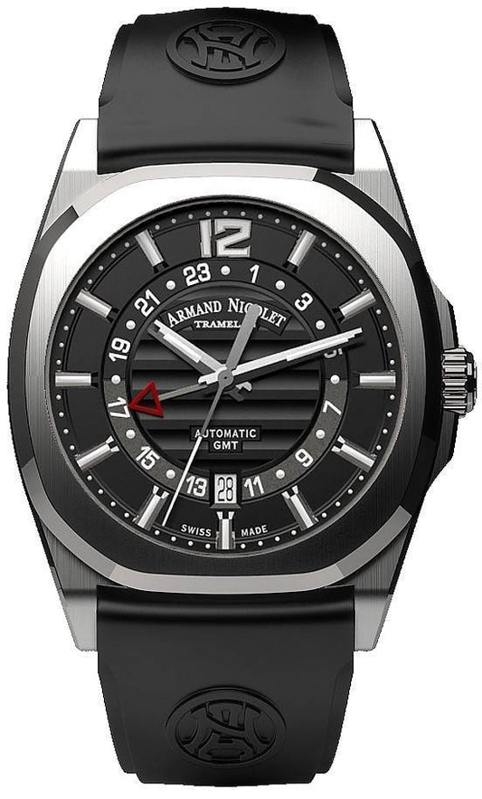 Armand Nicolet Tramelan J09 GMT Black Dial Automatic A663AAA-NR-GG4710N Black Rubber Strap Men's Watch