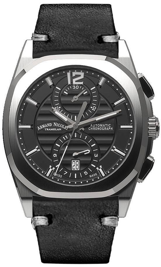 Armand Nicolet Tramelan J09 Chronograph Black Dial Automatic A668AAA-NR-PK4140NR Calf Leather Strap Men's Watch