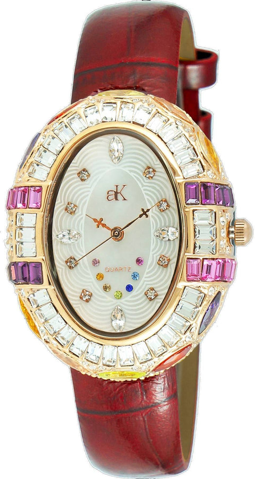 Adee Kaye Crown Collection Crystal Accents White Mother Of Pearl Dial Quartz AK2113-LRG Women's Watch