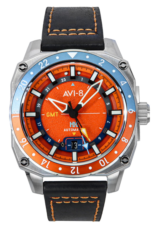 AVI-8 Hawker Hunter Atlas GMT Orangish Red Leather Strap Orange Dial Automatic AV-4122-06 Men's Watch
