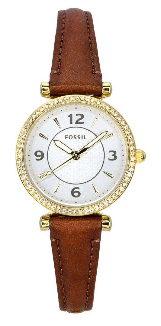 Fossil Carlie Brown Leather Strap Crystal Accents Silver Dial Quartz ES5297 Women's Watch