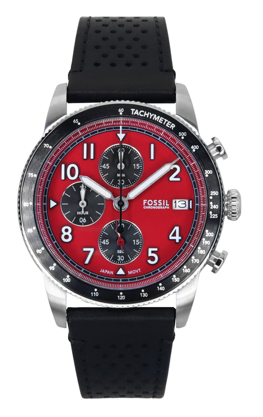 Fossil Sport Tourer Chronograph Leather Strap Red Dial Quartz FS6086 Men's Watch