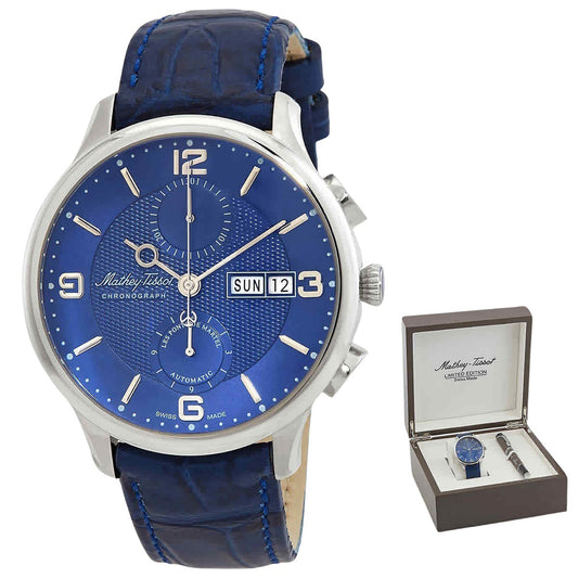 Mathey-Tissot Edmond Chronograph Limited Edition Leather Strap Blue Dial Automatic H1886CHATABU Men's Watch With Gift Set