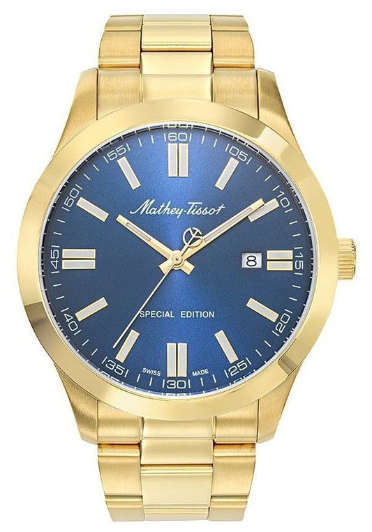 Mathey-Tissot Mathy I Jumbo Special Edition Gold Tone Stainless Steel Blue Dial Quartz H455PBU Men's Watch