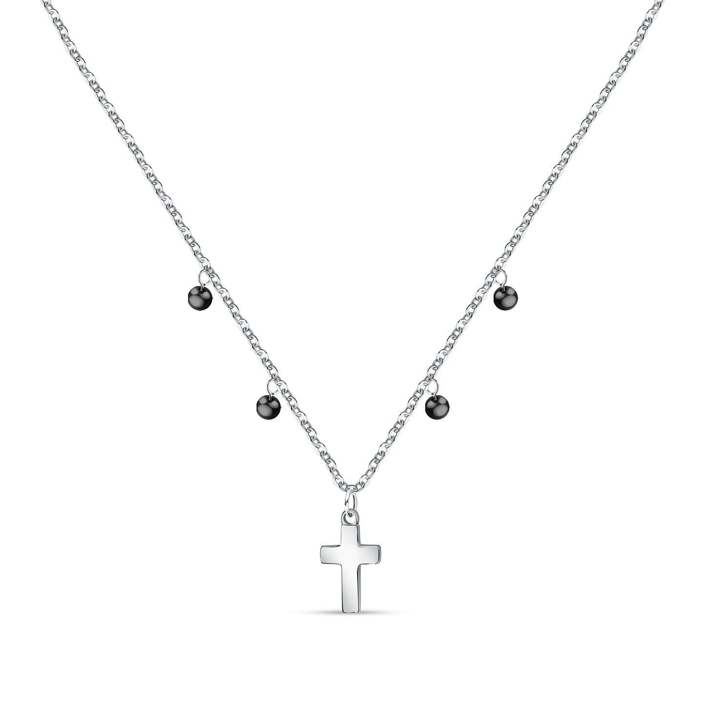 La Petite Story Steel Cross Necklace With Clear Zircon And Black Beads LPS10ASF07 For Women
