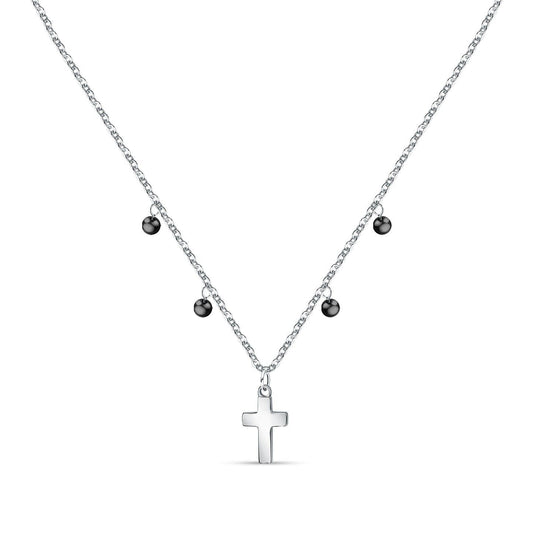 La Petite Story Steel Cross Necklace With Clear Zircon And Black Beads LPS10ASF07 For Women