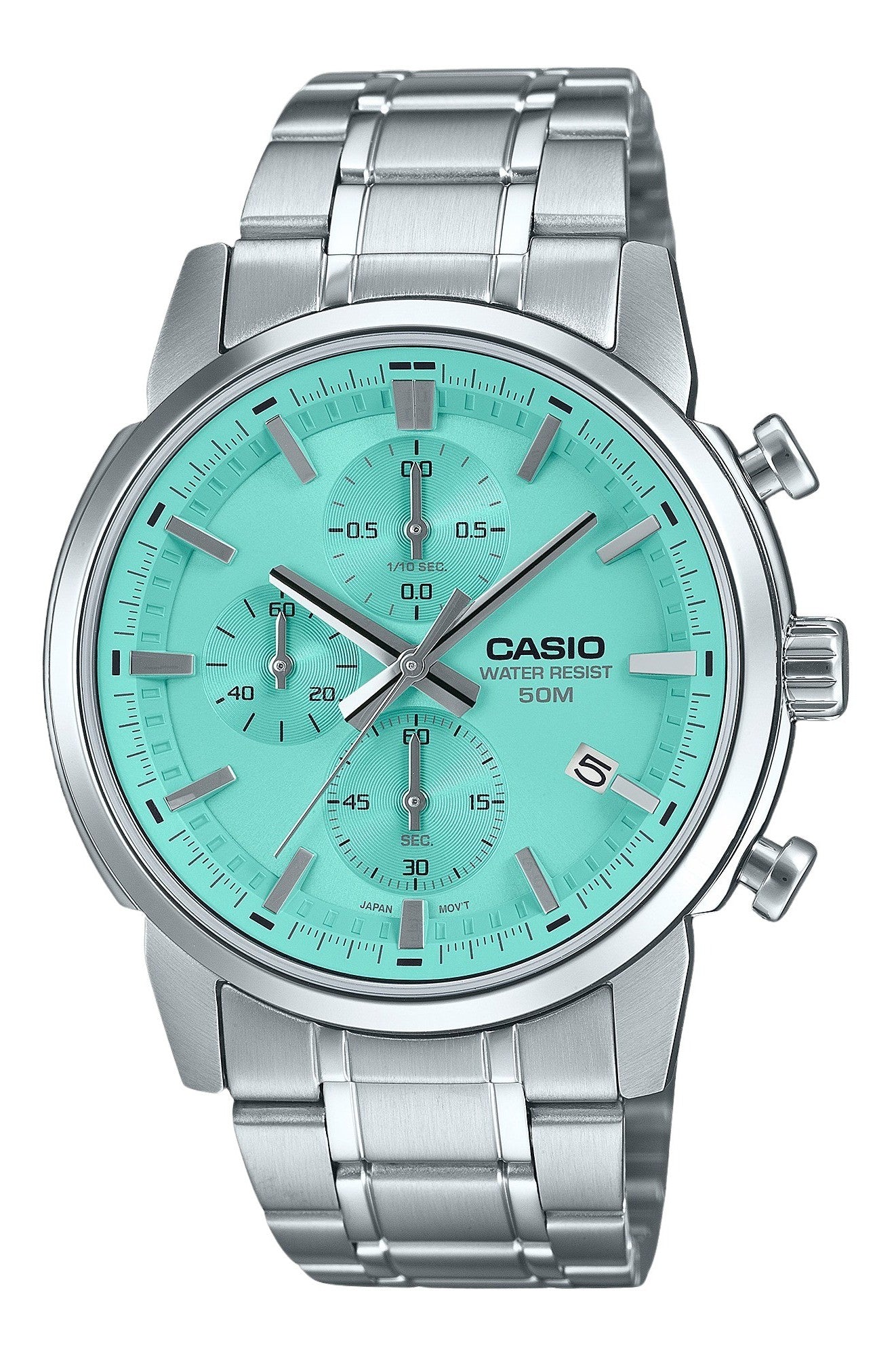 Casio Standard Analog Chronograph Stainless Steel Turquoise Dial Quartz MTP-E510D-2AV Men's Watch