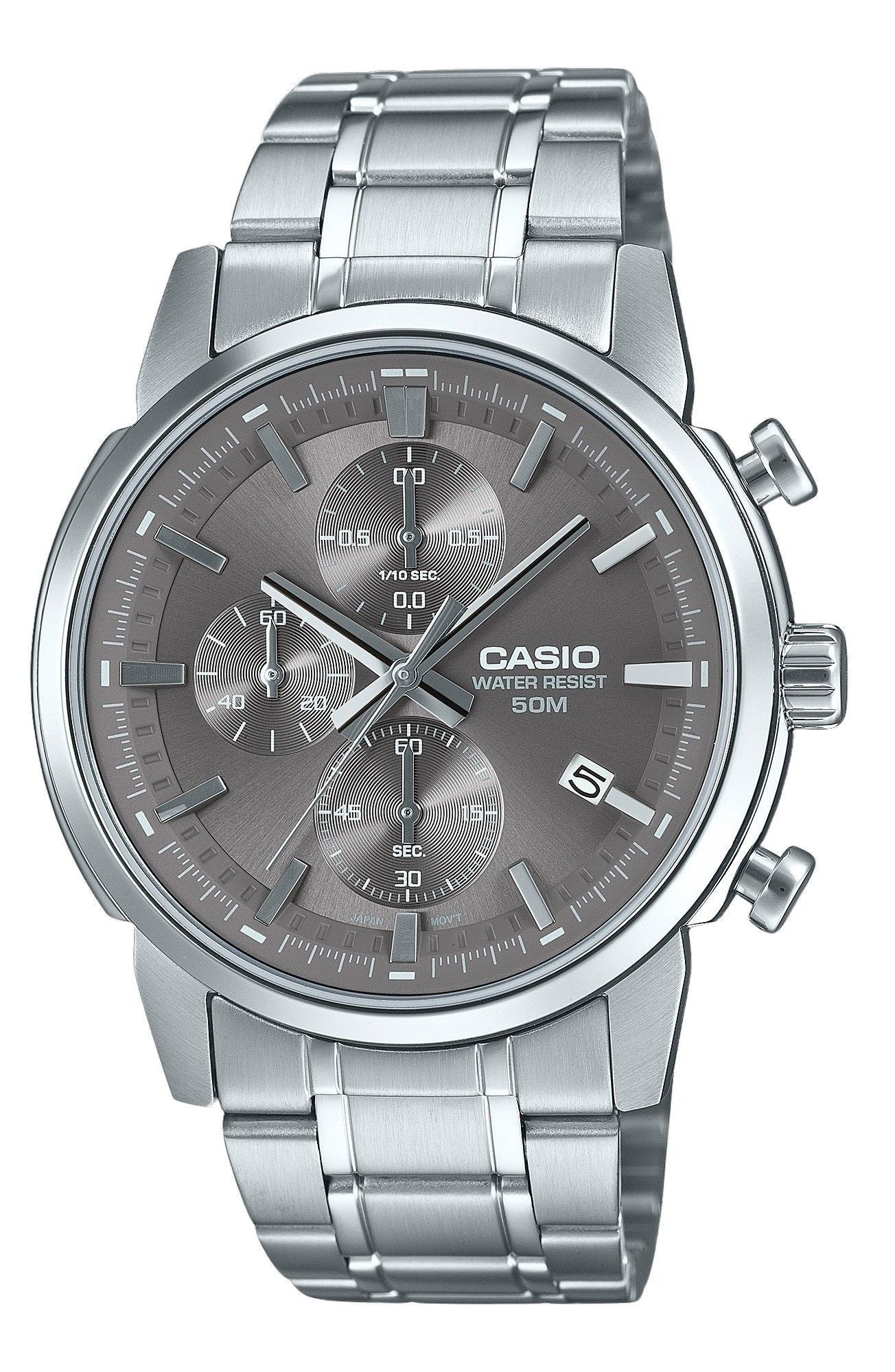 Casio Standard Analog Chronograph Stainless Steel Grey Dial Quartz MTP-E510D-8AV Men's Watch