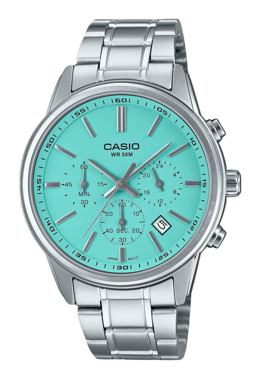 Casio Standard Analog Chronograph Stainless Steel Turquoise Dial Quartz MTP-E515D-2A2V Men's Watch