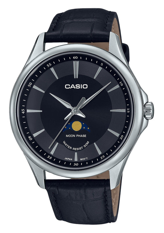 Casio Standard Analog Moon Phase Leather Strap Black Dial Quartz MTP-M100L-1A Men's Watch