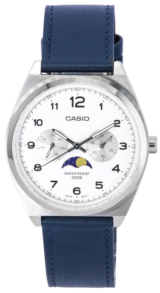 Casio Standard Analog Moon Phase White Dial Leather Strap Quartz MTP-M300L-7A MTPM300L-7 Men's Watch