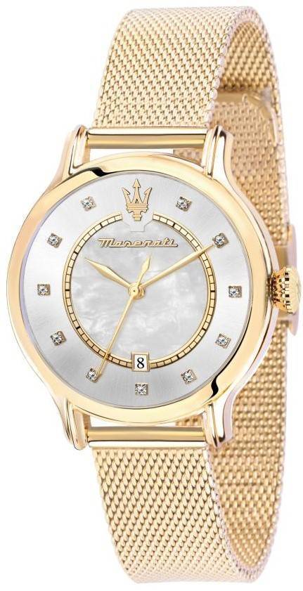 Maserati Epoca Crystal Accents Gold Tone Stainless Steel Mesh Mother Of Pearl Dial Quartz R8853118512 100M Women's Watch