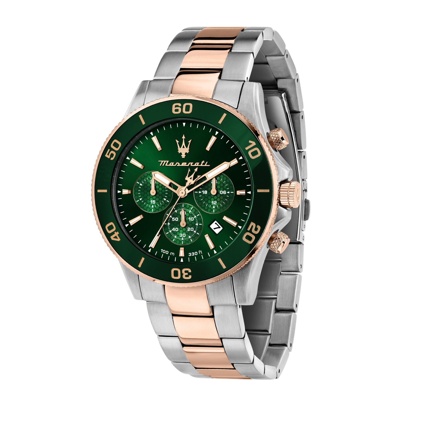 Maserati Competizione Chronograph Two Tone Stainless Steel Green Dial Quartz R8873600004 100M Men's Watch