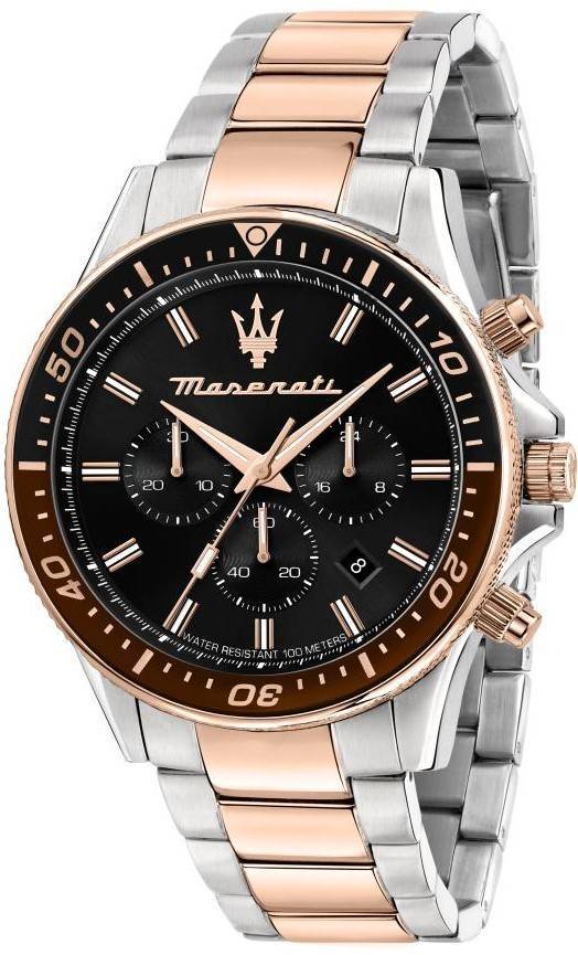 Maserati Sfida Chronograph Two Tone Stainless Steel Black Dial Quartz R8873640009 100M Men's Watch