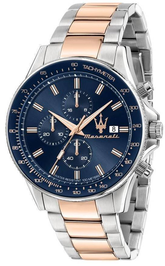 Maserati Sfida Chronograph Two Tone Stainless Steel Blue Dial Quartz R8873640012 100M Men's Watch