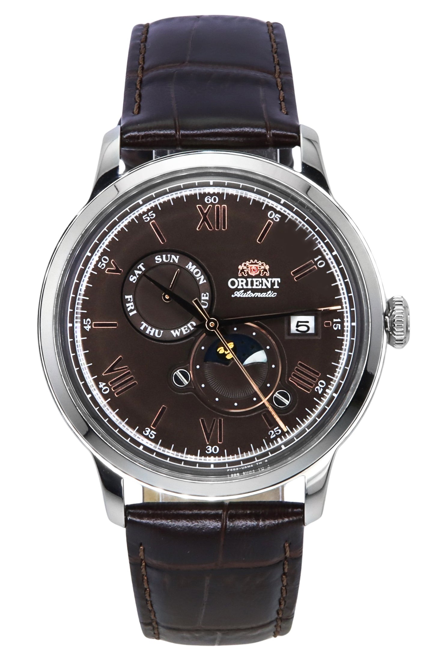 Orient Bambino Version 9 Classic Sun And Moon Phase Leather Strap Brown Dial Automatic RA-AK0804Y00C Men's Watch