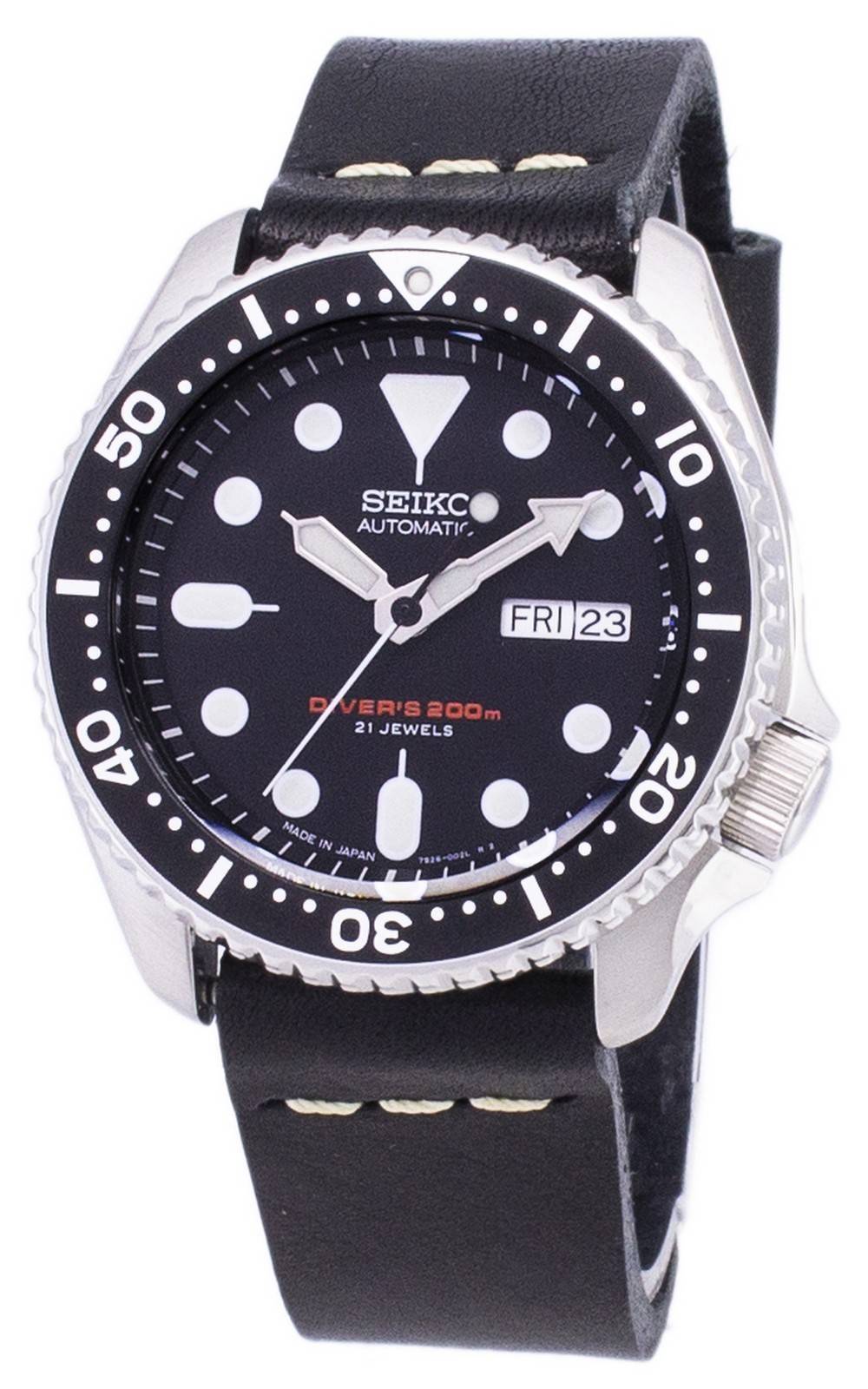 ساعة سيكو اتوماتيك SKX007J1-var-LS14 دايفر 200 متر يابانية بسوار جلدي اسود للرجال