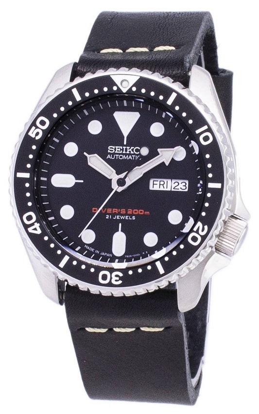 Seiko Automatic SKX007J1-var-LS14 Diver's 200M Japan Made Black Leather Strap Men's Watch