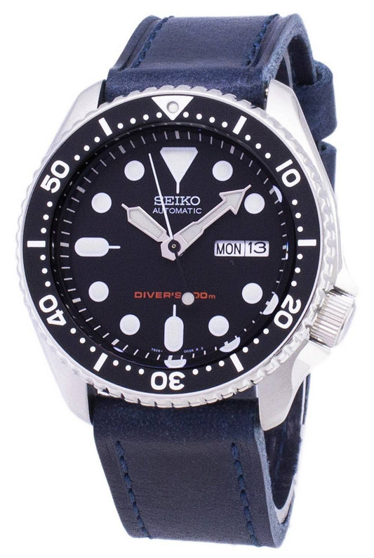 Seiko Automatic SKX007K1-var-LS13 Diver's 200M Dark Blue Leather Strap Men's Watch