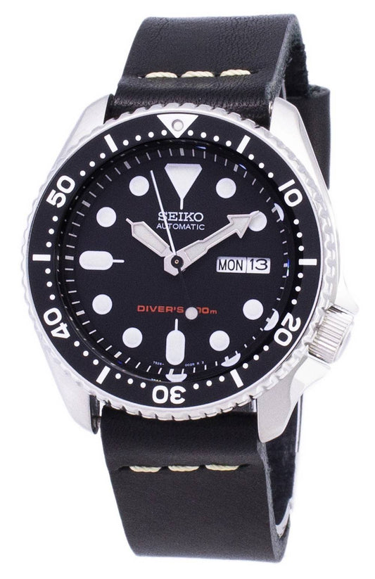 Seiko Automatic SKX007K1-var-LS14 Diver's 200M Black Leather Strap Men's Watch