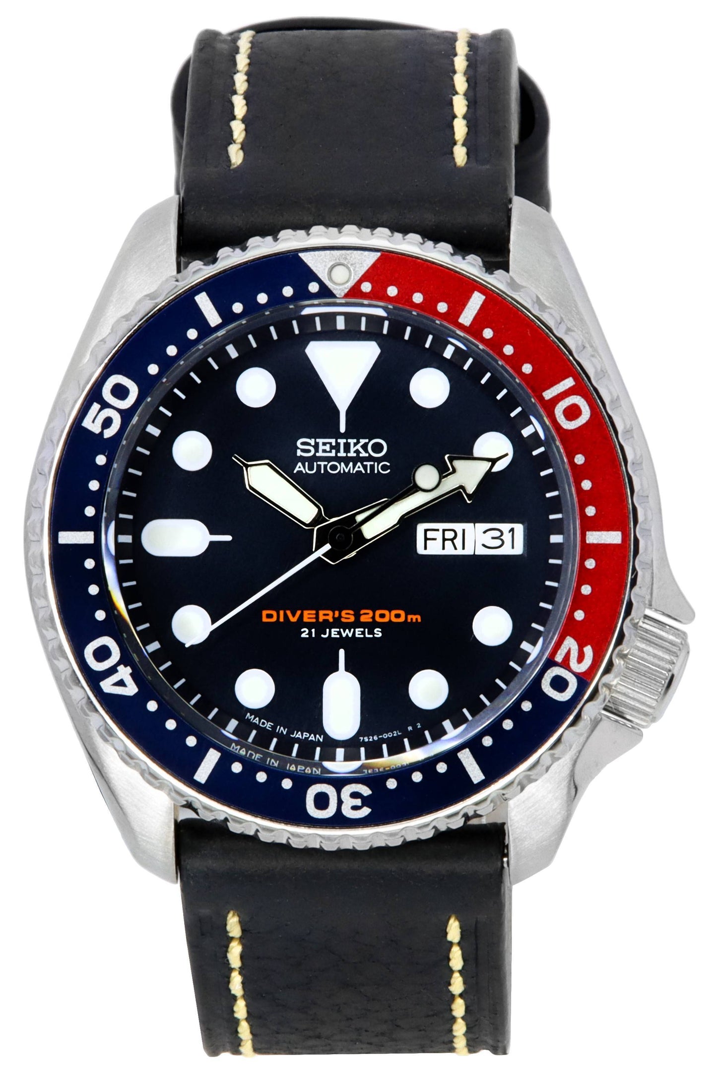 Seiko Automatic Diver's Ratio Black Leather SKX009J1-var-LS2 200M Men's Watch