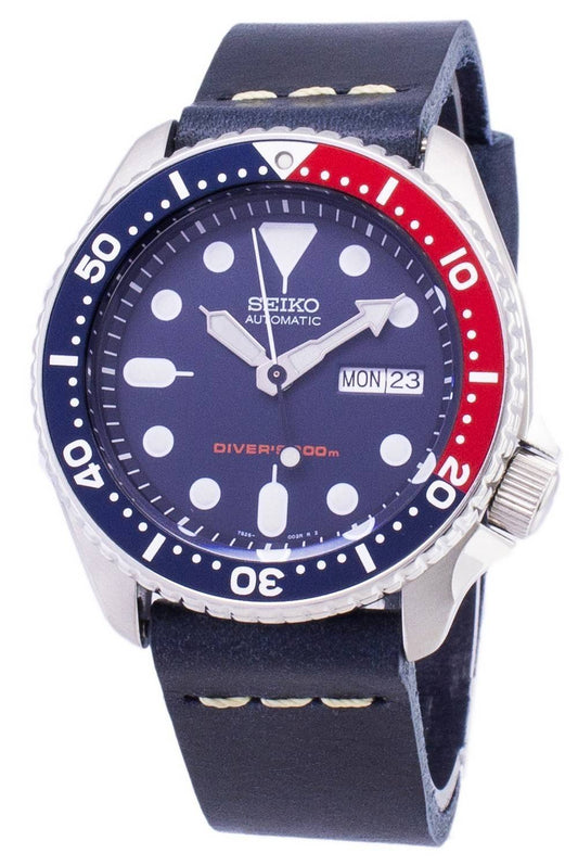 Seiko Automatic SKX009K1-var-LS15 Diver's 200M Dark Blue Leather Strap Men's Watch