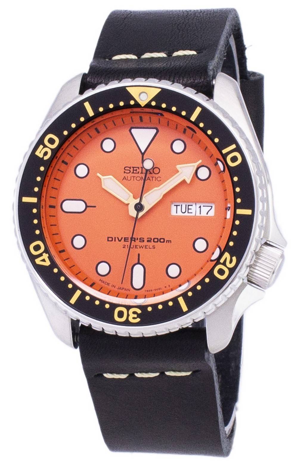 Seiko Automatic SKX011J1-var-LS14 Diver's 200M Japan Made Black Leather Strap Men's Watch