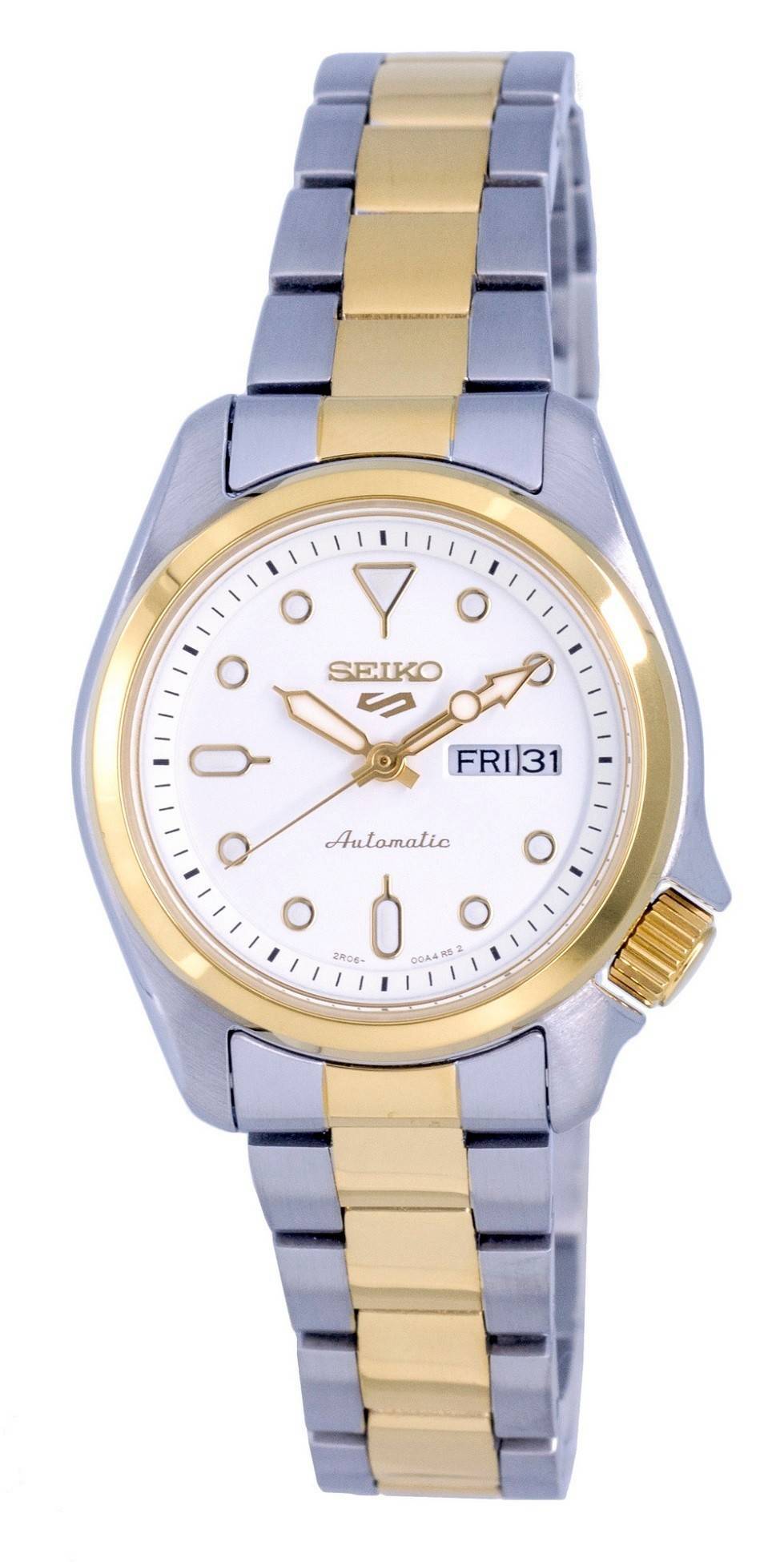 Seiko 5 Sports Two Tone Stainless Steel White Dial Automatic SRE004 SRE004K1 SRE004K 100M Women's Watch