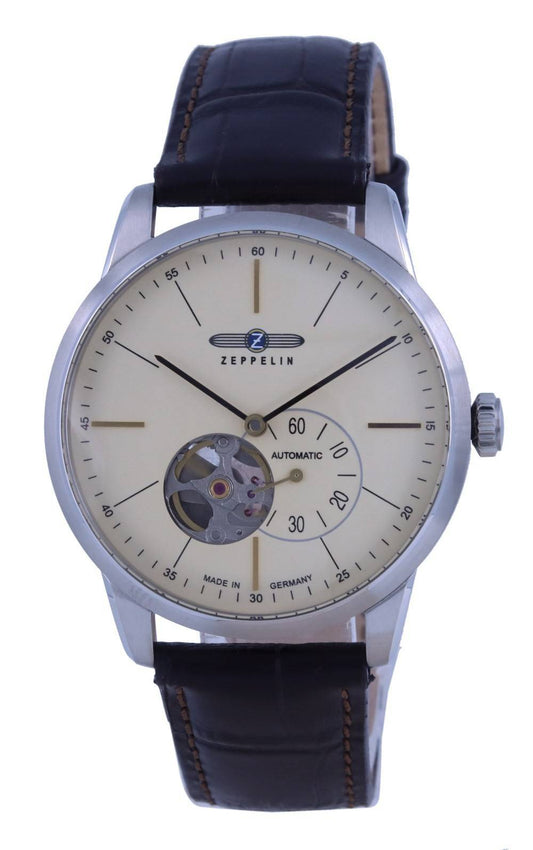 Zeppelin Flatline Open Heart Cream Dial Leather Strap Automatic 7364-5 73645 Men's Watch