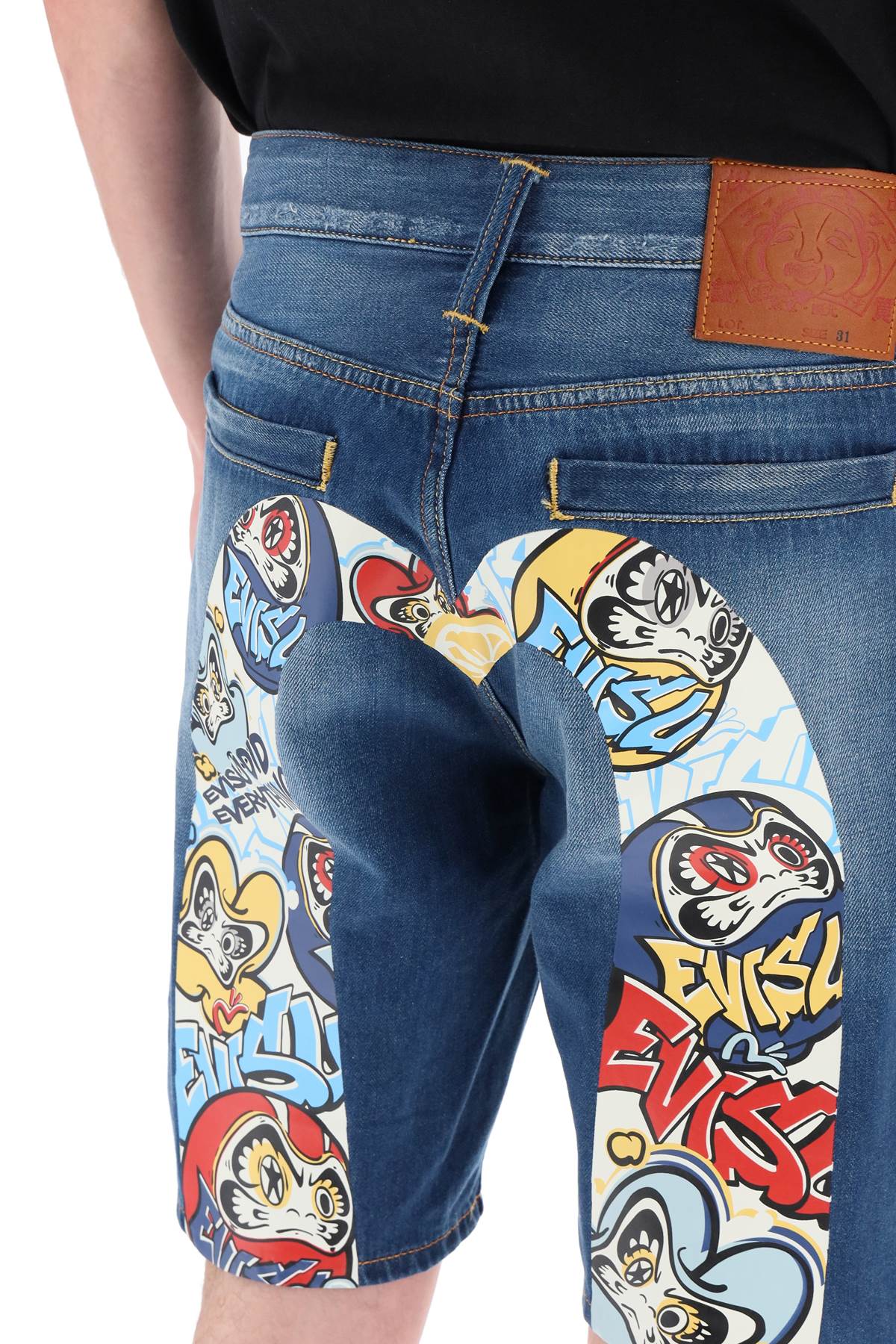 Evisu Evisu graffiti daruma denim shorts