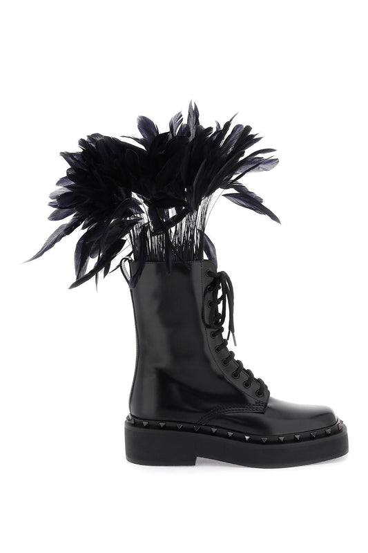 Valentino GARAVANI Valentino garavani leather m-way rockstud combat boots with feathers