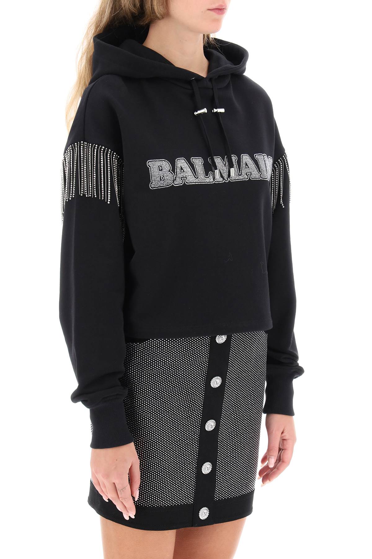 Balmain Balmain cropped hoodie with rhinestone-studded logo and crystal cupchains