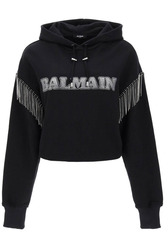 Balmain Balmain cropped hoodie with rhinestone-studded logo and crystal cupchains