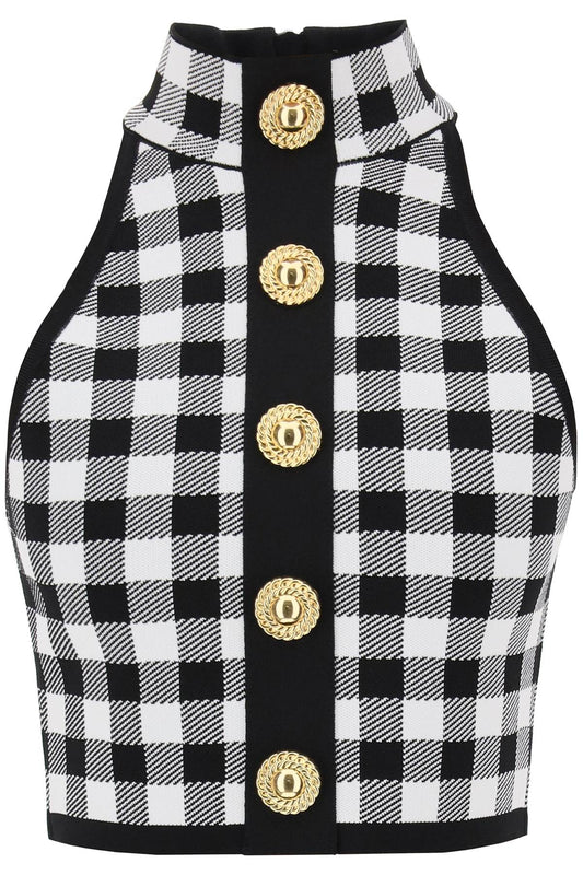 Balmain Balmain gingham knit cropped top with embossed buttons