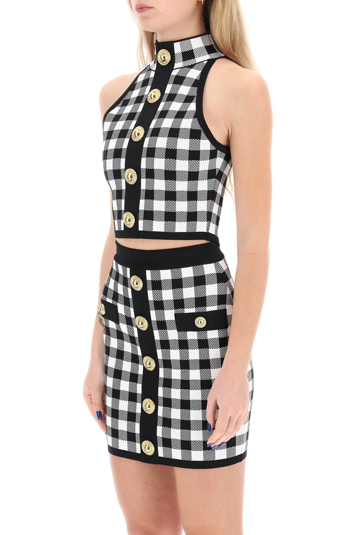 Balmain Balmain gingham knit cropped top with embossed buttons