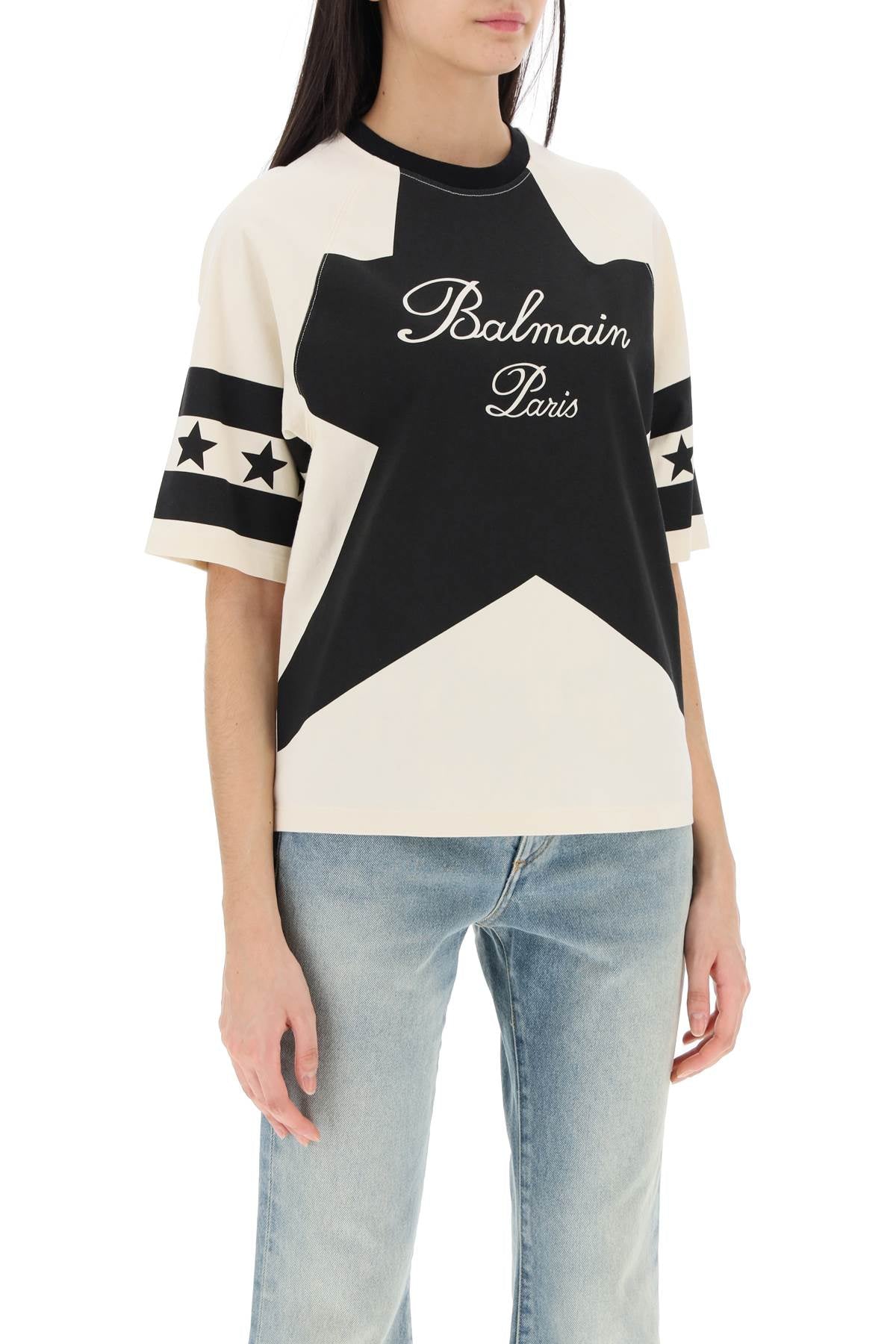 Balmain Balmain cropped t-shirt with star and logo prints