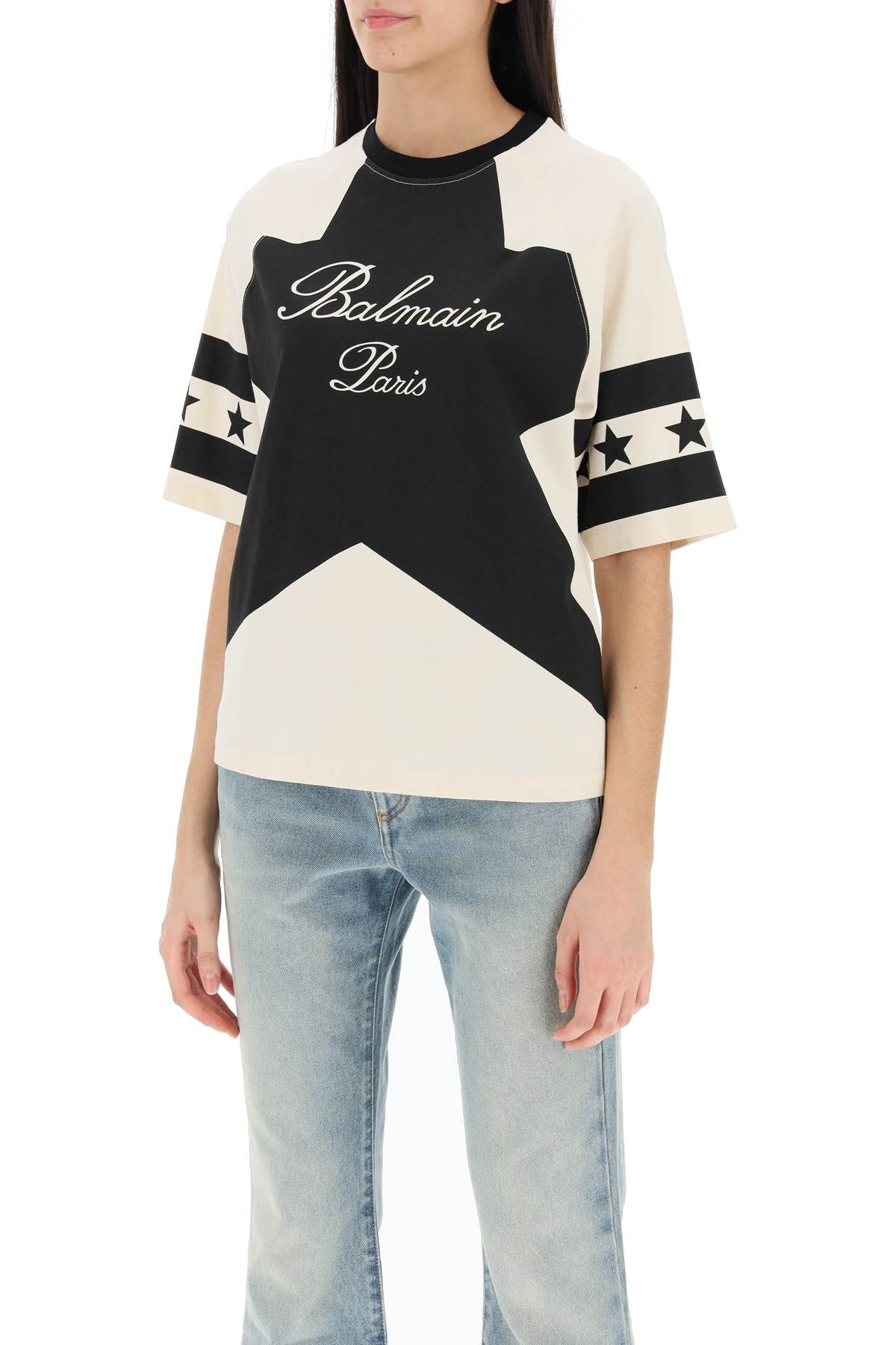 Balmain Balmain cropped t-shirt with star and logo prints