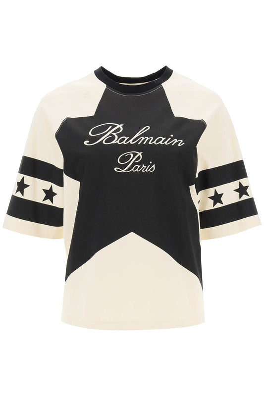 Balmain Balmain cropped t-shirt with star and logo prints